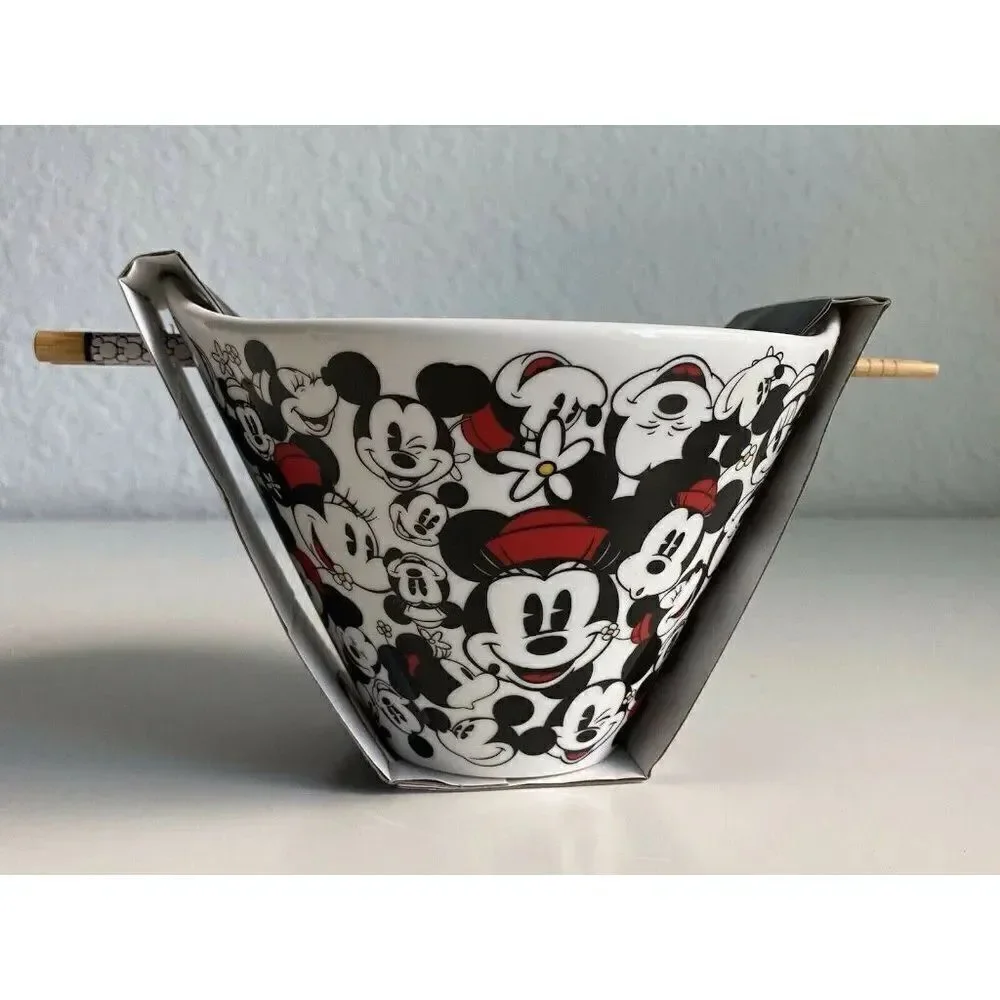 Disney Mickey & Minnie Mouse Faces All Over Ramen‎ Bowl With Chopsticks NEW